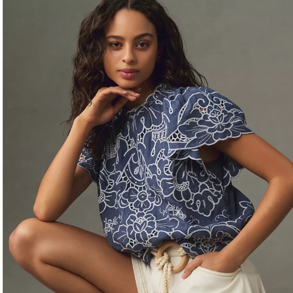 EUC SIZE XS ANTHRO THE LAINIE BLUE LACE TOP 🔥SOLD OUT ONLINE🔥